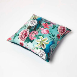 Homescapes Floral Peacock Pink & Green Filled Velvet Cushion 46 X 46 Cm - thumbnail 5