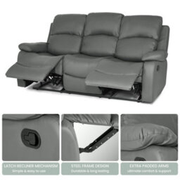 Bravich Charcoal Grey Faux Leather Manual Recliner Sofa - 3 Seater - thumbnail 3
