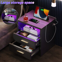 Led Bedside Table 2 Drawers Cabinet Charging Station Nightstand Storage Modern Black - thumbnail 3