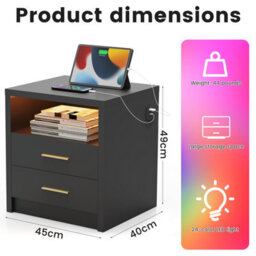 Led Bedside Table 2 Drawers Cabinet Charging Station Nightstand Storage Modern Black - thumbnail 2