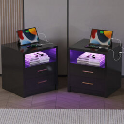 Led Bedside Table 2 Drawers Cabinet Charging Station Nightstand Storage Modern Black - thumbnail 6