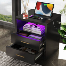 Led Bedside Table 2 Drawers Cabinet Charging Station Nightstand Storage Modern Black - thumbnail 1