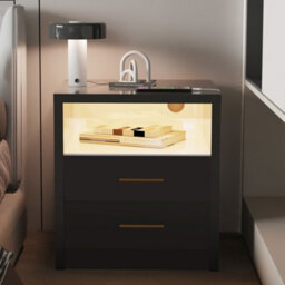 Led Bedside Table 2 Drawers Cabinet Charging Station Nightstand Storage Modern Black - thumbnail 5