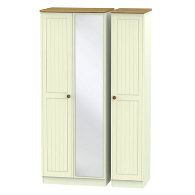 Vittoria Ready Assembled Contemporary Matt Cream Oak Effect Tall Triple Wardrobe With 1 Mirror Door (H)1970mm (W)1110mm (D)530mm - image 1