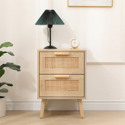 Furniturehmd 2 Drawers Bedside Table,nightstand With Ratten Front,storage Cabinet,sofa Side Table For Bedroom,living Room - image 1