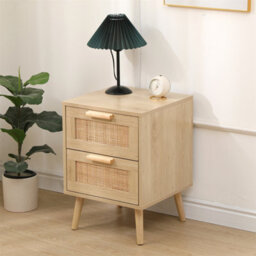 Furniturehmd 2 Drawers Bedside Table,nightstand With Ratten Front,storage Cabinet,sofa Side Table For Bedroom,living Room - thumbnail 3