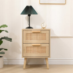 Furniturehmd 2 Drawers Bedside Table,nightstand With Ratten Front,storage Cabinet,sofa Side Table For Bedroom,living Room - thumbnail 1