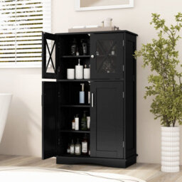 Gainoom Bathroom Floor Storage Cabinet Freestanding Linen Storage Cabinet W/ 4 Doors & 3 Adjustable Shelves - thumbnail 5