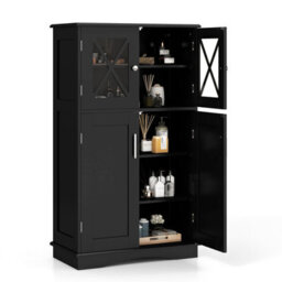 Gainoom Bathroom Floor Storage Cabinet Freestanding Linen Storage Cabinet W/ 4 Doors & 3 Adjustable Shelves