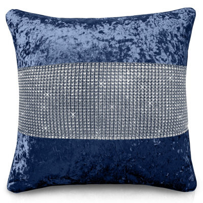 Intimates Crushed Velvet Luxury Cushion, Diamante Detail, Zip Closure, Elegant Sofa And Living Room Decor - Navy