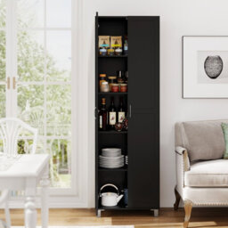 Costway Double Door Tall Storage Cabinet Freestanding Pantry Cabinet With Adjustable Shelf-Black - thumbnail 4