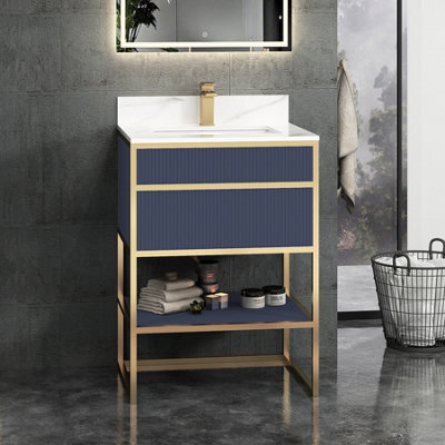 Royal Bathrooms Vienna 600mm Navy Blue Freestanding Bathroom Cabinet Vanity Unit With Brushed Brass Frame & Carrara White Top - image 1