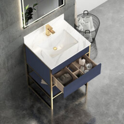 Royal Bathrooms Vienna 600mm Navy Blue Freestanding Bathroom Cabinet Vanity Unit With Brushed Brass Frame & Carrara White Top - thumbnail 5