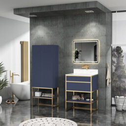 Royal Bathrooms Vienna 600mm Navy Blue Freestanding Bathroom Cabinet Vanity Unit With Brushed Brass Frame & Carrara White Top - thumbnail 3