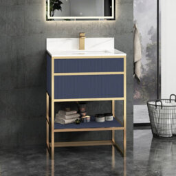 Royal Bathrooms Vienna 600mm Navy Blue Freestanding Bathroom Cabinet Vanity Unit With Brushed Brass Frame & Carrara White Top
