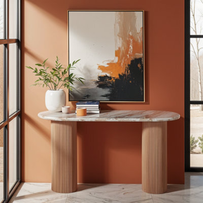 Bundi Natural Marble & Wood Pedestal Console Table - image 1