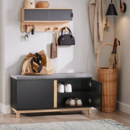 Sobuy Fsr117-Sch, Hallway Storage Bench Shoe Bench Shoe Rack Shoe Cabinet With 2 Doors And Seat Cushion, Black - thumbnail 9