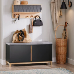 Sobuy Fsr117-Sch, Hallway Storage Bench Shoe Bench Shoe Rack Shoe Cabinet With 2 Doors And Seat Cushion, Black - thumbnail 2