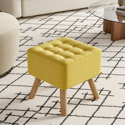 Living And Home Yellow Linen Upholstered Footstool Footrest With Padded Wooden Legs W 395 X D 395 X H 400 mm - image 1