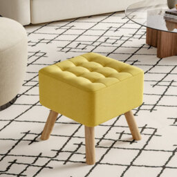Living And Home Yellow Linen Upholstered Footstool Footrest With Padded Wooden Legs W 395 X D 395 X H 400 mm - thumbnail 1