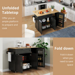 Btm 132.5X44(70)X90Cm Kitchen Island On Wheels, Foldable Top, Storage Trolley, Spice Rack, Towel Holder, 5 Wheels - thumbnail 6