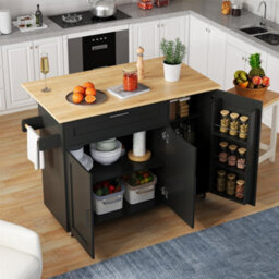 Btm 132.5X44(70)X90Cm Kitchen Island On Wheels, Foldable Top, Storage Trolley, Spice Rack, Towel Holder, 5 Wheels