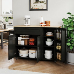 Btm 132.5X44(70)X90Cm Kitchen Island On Wheels, Foldable Top, Storage Trolley, Spice Rack, Towel Holder, 5 Wheels - thumbnail 4