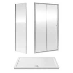 Balterley 6mm Toughened Safety Glass Sliding Shower Door, Side Panel And Shower Tray - 1400 X 800 X 1900mm - Chrome Frame - White Tray - thumbnail 1