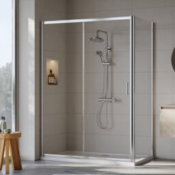 Balterley 6mm Toughened Safety Glass Sliding Shower Door, Side Panel And Shower Tray - 1400 X 800 X 1900mm - Chrome Frame - White Tray - thumbnail 2