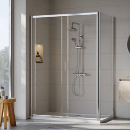 Balterley 6mm Toughened Safety Glass Sliding Shower Door, Side Panel And Shower Tray - 1400 X 800 X 1900mm - Chrome Frame - White Tray - thumbnail 3