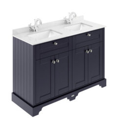 Hudson Reed Floor Standing Four Door Traditional Vanity Unit With White Marble Double Square Basin In Twilight Blue, 1250 X 505mm