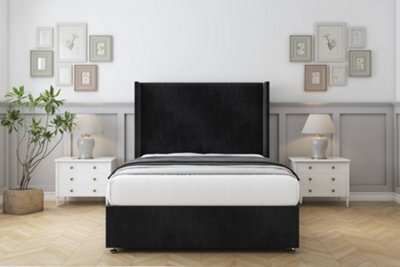 "Sloomy Devonshire Black Naples Divan Bed With Mattress No Drawers With 54"" Wingback Headboard 6' Super King" - image 1