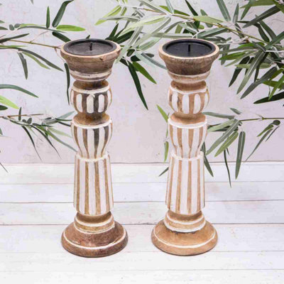 Annibells Carved White Wash Wooden Candlesticks (13313
