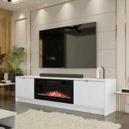 Tv Stand With Electric Fireplace Tireno Ef + Kominek Mdf White Velvet Fluted Doors Storage Unit Modern Sideboard For Living Room - thumbnail 1