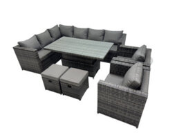Fimous 10-Seater Height Adjustable Rising Lifting Table Corner Sofa Set Rattan Garden Furniture Set With 2 Small Stool Dark Grey - thumbnail 1