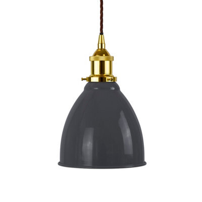 Slate Grey Classic Small Pantry Metal Painted Dome Pendant Light With Gold Lamp Holder And Brown Twisted Cable - Se Home - image 1