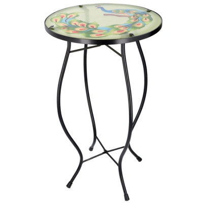 Geezy Garden Mosaic Coffee Table Iron Glass Round Side Peacock Design Patio Furniture - image 1