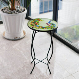 Geezy Garden Mosaic Coffee Table Iron Glass Round Side Peacock Design Patio Furniture - thumbnail 5