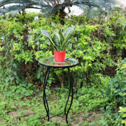 Geezy Garden Mosaic Coffee Table Iron Glass Round Side Peacock Design Patio Furniture - thumbnail 6
