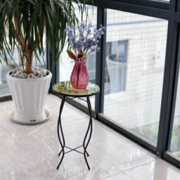 Geezy Garden Mosaic Coffee Table Iron Glass Round Side Peacock Design Patio Furniture - thumbnail 7