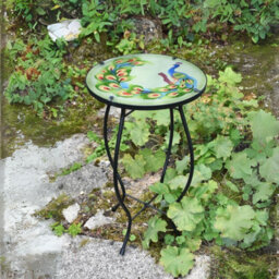 Geezy Garden Mosaic Coffee Table Iron Glass Round Side Peacock Design Patio Furniture - thumbnail 2