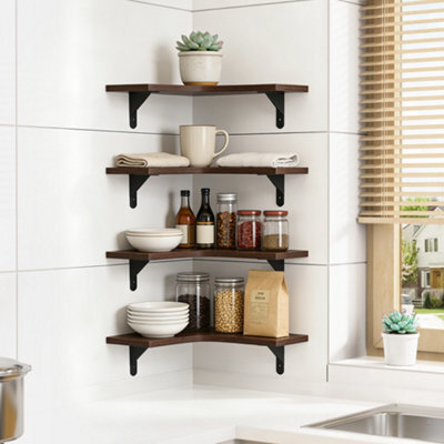 Living And Home Four Pack L Shaped Brown Paulownia Wood Wall Mount Corner Shelves - image 1