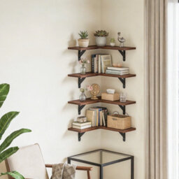 Living And Home Four Pack L Shaped Brown Paulownia Wood Wall Mount Corner Shelves - thumbnail 3