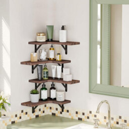 Living And Home Four Pack L Shaped Brown Paulownia Wood Wall Mount Corner Shelves - thumbnail 2