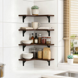 Living And Home Four Pack L Shaped Brown Paulownia Wood Wall Mount Corner Shelves - thumbnail 1