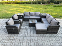 Fimous High Back Rattan Garden Furniture Set With Square Coffee Table 2 Side Tables Big Footstool Patio Lounge Sofa Set - thumbnail 2