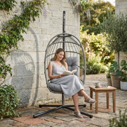 MonsterShop Hanging Egg Chair Grey Rattan Swing Garden Hammock With Cushion Outdoor Indoor - thumbnail 4