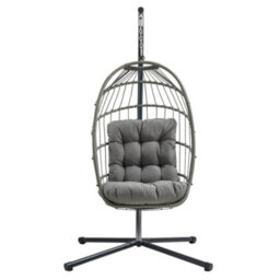 MonsterShop Hanging Egg Chair Grey Rattan Swing Garden Hammock With Cushion Outdoor Indoor - thumbnail 1