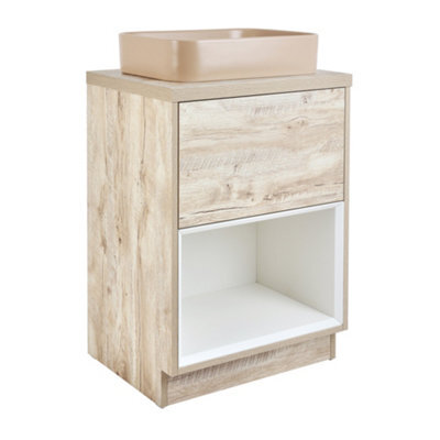 Homestylestore Light Oak 600mm Led Lit Bathroom Vanity Unit Rectangular Sand Countertop Basin Open Shelf - image 1