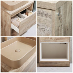 Homestylestore Light Oak 600mm Led Lit Bathroom Vanity Unit Rectangular Sand Countertop Basin Open Shelf - thumbnail 2